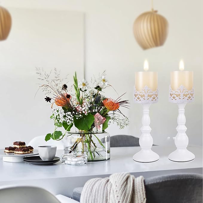 Candle Holders for Pillar Candles Gothic Matte Black Vintage Tall Candle Holders Set of 2 Decorative Large Table Centerpieces Candle Stand Decor (White 2PCS A)-Ruum Studio Home
