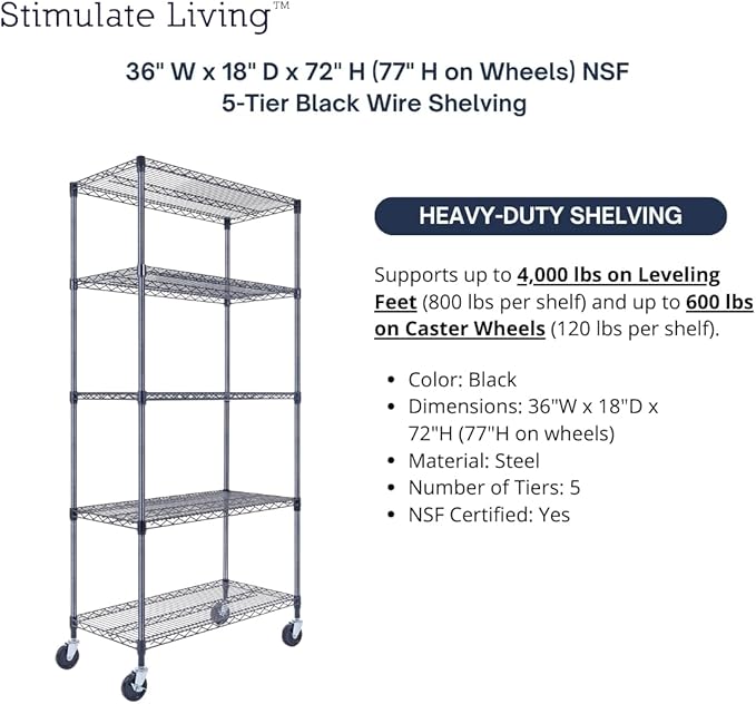 36"x18"x72" Prime Heavy Duty Black 5-Tier Wire Shelving NSF 4000 LBS MAX Capacity Storage Rack for Commercial, Hospital, School, Garage, and Kitchen Uses (with Wheels)-Ruum Studio Home