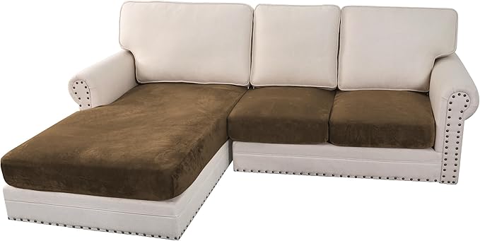 H.VERSAILTEX Velvet Stretch Sectional Couch Covers 3 Pieces Sofa Seat Cushion Covers L Shape Separate Couch Cover for Both Left/Right Sectional Couch (Large Sofa 2 Seater + 1 Chaise, Bronze Brown)-Ruum Studio Home