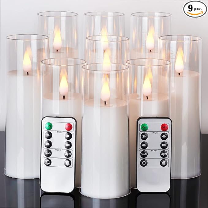 Amagic Pure White Flameless Candles, Battery Operated Candles, Acrylic Flickering LED Pillar Candles with Remote Control and Timer, 3D Wick, Yellow and Blue Glow, D2.2 xH5 6" 7", Set of 9-Ruum Studio Home