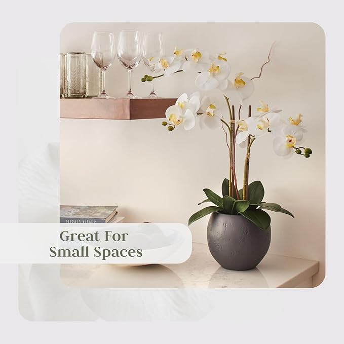Faux White Orchid Plant, Premium Artificial Indoor Flower Display Stands 25-Inches with Beautiful Sculptural Blooms and Foliage That Lasts Forever, Grey Planter Pot Included-Ruum Studio Home