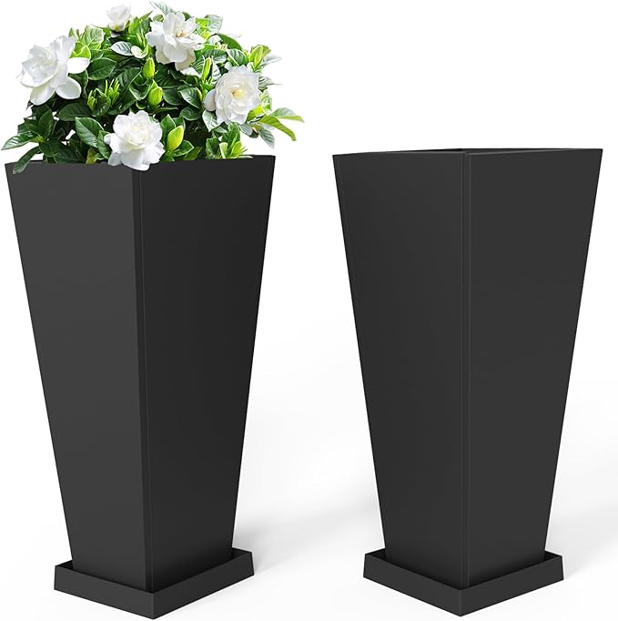 Metal Planter 30" H - 2 Pack, Tall Planters with Removable Insert Shelve & Saucer Trays, Metal Outdoor Planters for Porch, Garden, Patio, Yard (Black)-Ruum Studio Home