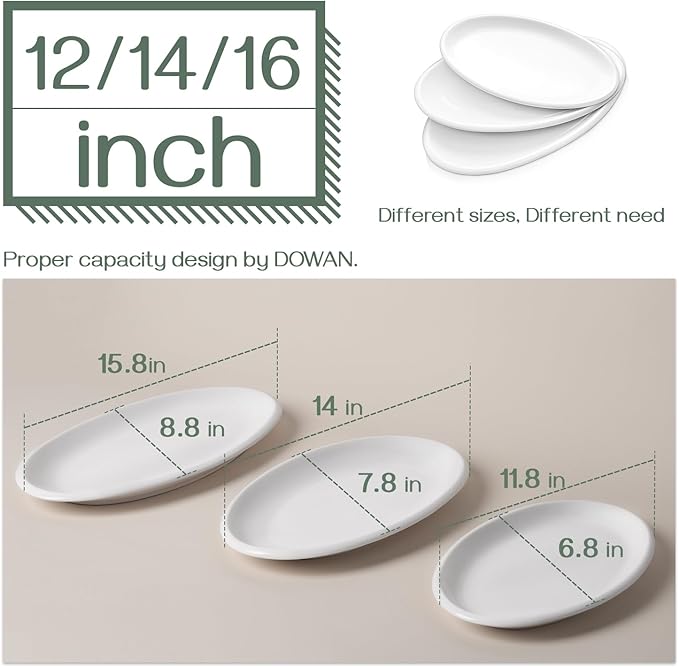 DOWAN Large Serving Platter, 16"/14"/12" Oval Platters Oven Safe, White Serving Plates for Wedding Decor, Ceramic Serving Dish for Entertaining Food, Set of 3-Ruum Studio Home