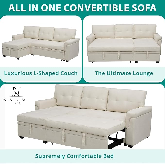 Naomi Home L-Shaped Reversible Sectional Sofa with Pull-Out Sleeper Bed and Storage Chaise, Cream Velvet-Ruum Studio Home
