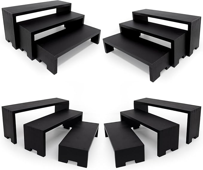 Display Wood Risers Wooden Stand 3 Tier 4 Set 12 Pieces Wood Racks Decorative Rectangular, Cupcake Stands Cologne Perfume Organizer Showcase Items(New Black)-Ruum Studio Home