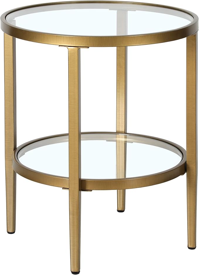 Henn&Hart 20" Wide Round Side Table with Glass Shelf in Antique Brass, Table for Living Room, Bedroom-Ruum Studio Home