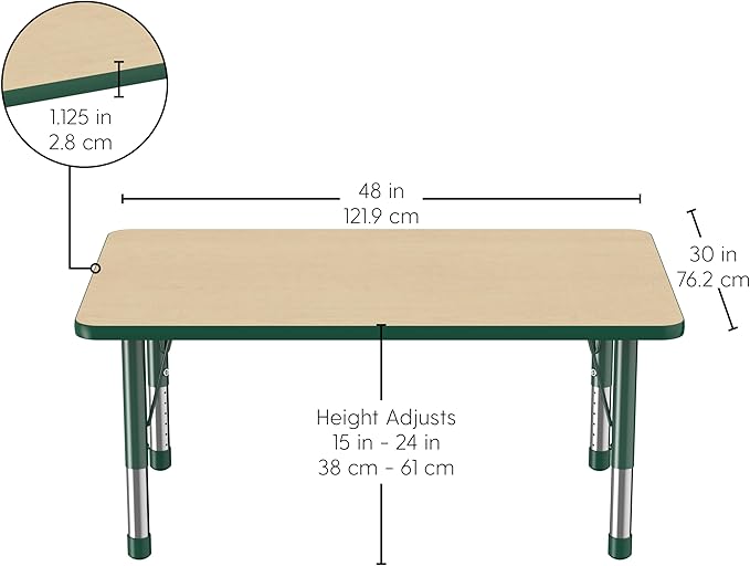 FDP Rectangle Activity School and Classroom Kids Table (30 x 48 inch), Chunky Toddler Legs, Adjustable Height 15-24 inches - Maple Top and Green Edge-Ruum Studio Home