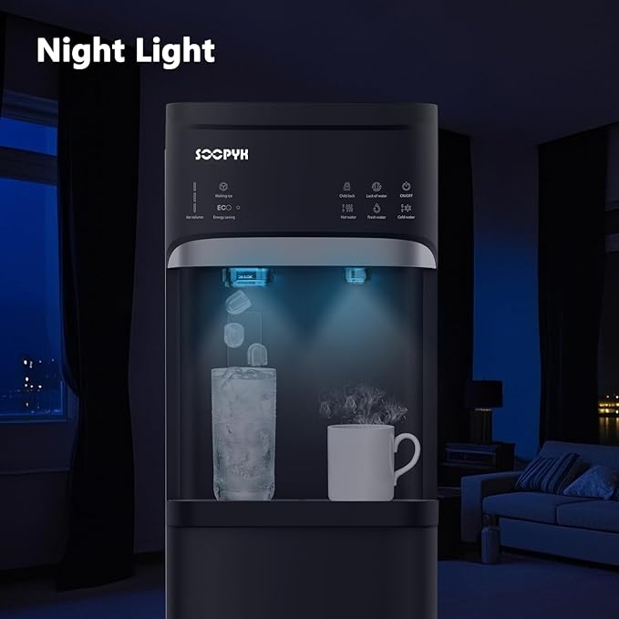 Self Cleaning Hot and Cold Bottom Load Water Cooler Dispenser with Ice Maker for 5 Gallon 3 Temperature Settings 22lbs Daily Capacity Black-Ruum Studio Home