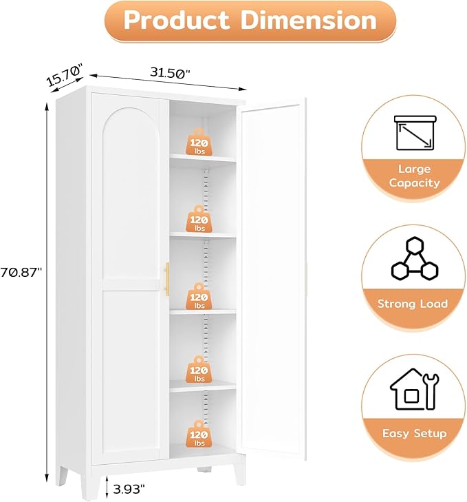 70.87" H Metal Kitchen Pantry Cabinet, Freestanding Cupboard with 2 Doors and 4 Adjustable Shelves, Tall Metal Storage Cabinet for Kitchen, Bathroom, Dinning Room or Laundry Room （White）-Ruum Studio Home
