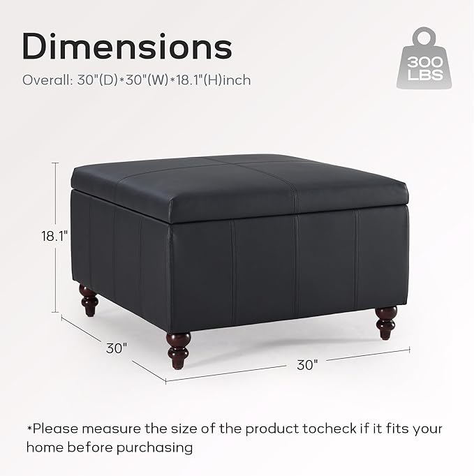 HUIMO Square Leather Storage Ottoman, Black Tufted Large Ottoman for Living Room, Coffee Table with Storage(Black)-Ruum Studio Home