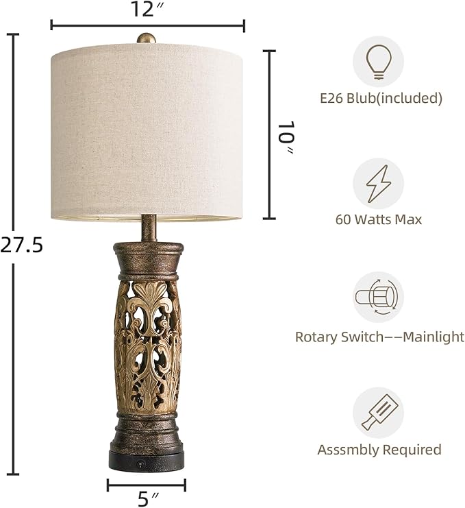 BOBOMOMO 27.25” Antique Gold Table Lamps Set of 2 – Farmhouse Bedside Lamps with Night Light & USB A+C Ports, Vintage Lamps for Bedroom, Living Room, Entryway, Nursery, Reading Nook(Bulbs Included-Ruum Studio Home