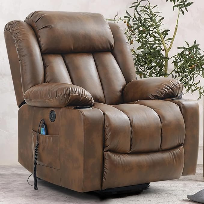 Power Lift Recliner Chair for Elderly Breathable Leather Recliner Chair with Massage and Heat for People Limited Mobility,2 Cup Holders,Electric Stand Assist,USB Ports,Gifts for Family (Ochre)-Ruum Studio Home