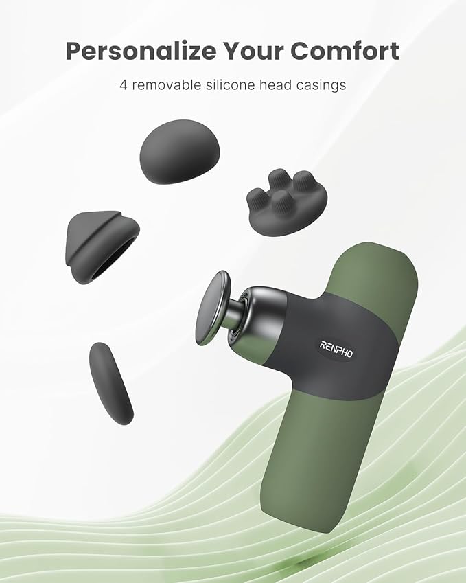 RENPHO Mini Thermal Massage Gun with Heat, Portable Deep Tissue Percussion Massager, Color Silicone Sleeves Travel Size with Carry Case, Olive Drab-Ruum Studio Home
