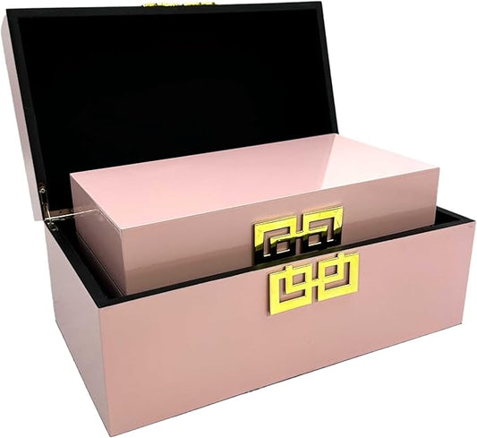 Galt International Storage Box Set Decorative Storage Box w/Hinged Lid Classic Design Wood Decor Boxes with Geometric Clasp Storage for Bedroom & Home - Set of 2 (Pink & Gold)-Ruum Studio Home