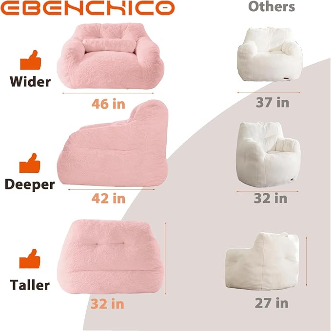 Bean Bag Chair for Adults with Pillow,Oversized Bean Bag Couch Chairs for Adults,Giant Lazy Couch Sofa Chairs with Filler,Large Reading Chair for Living Room Bedroom,Pink-Ruum Studio Home