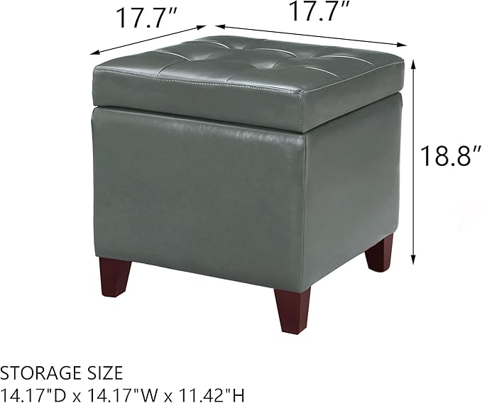 Adeco Bonded Leather Square Tufted Cubic Cube Storage Footstool, 18" Inch Ottomans & Storage Ottomans, With Lid, Dim Gray-Ruum Studio Home