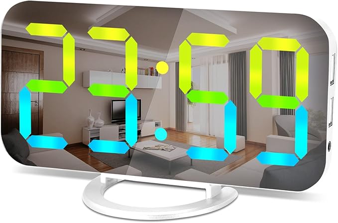 SZELAM Digital Alarm Clock,LED RGB Colorful Clocks,with Mirror Surface Large Display,2 USB Charger Ports,Auto Dimming,Modern Desk Clock for Bedroom Home Office Decor- White-Ruum Studio Home