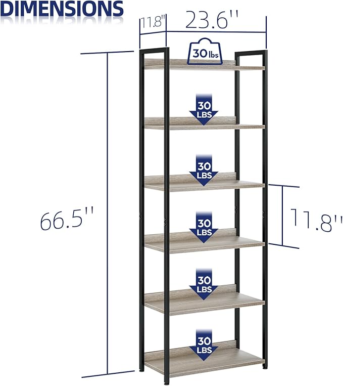 NUMENN Bookshelf, 6 Tier Bookshelves, Home Office Bookcase Shelf Storage Organizer, Free Standing Storage Shelving Unit for Bedroom, Living Room and Home Office, Grey-Ruum Studio Home
