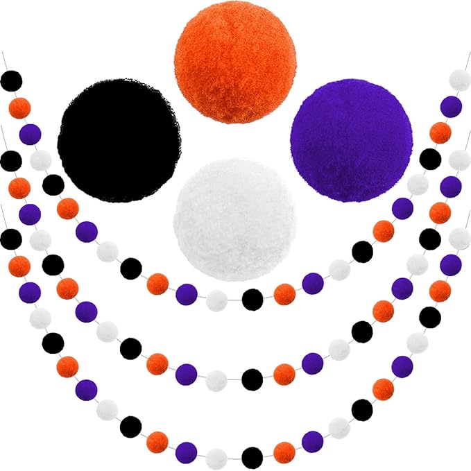 Jishi Fall Event Garlands, 3pk Orange Black White Felt Pom Pom Garland, 6.6ft Long, 25mm 24 Balls, Halloween Thanksgiving Party Decor-Ruum Studio Home