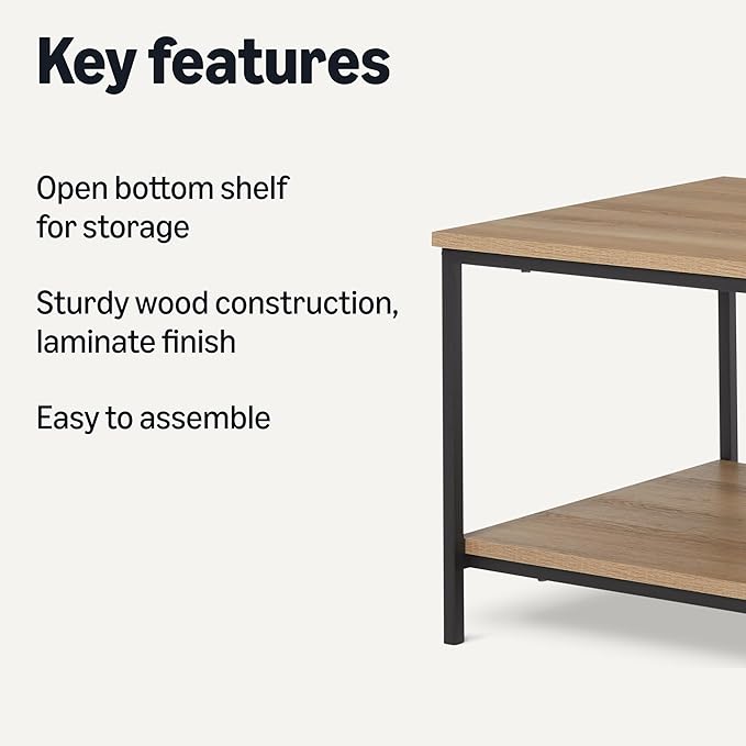 Amazon Basics Rectangular Coffee Table with Bottom Shelf, Living Room Center Table, Wooden, 19.9" D x 31.5" W x 16.5" H-Ruum Studio Home