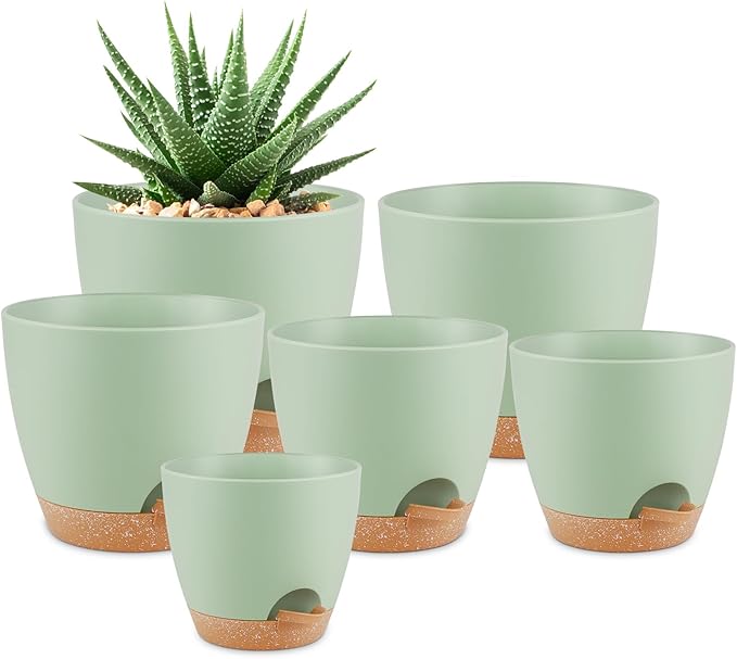 Plant Pots 8/7/6.5/6/5.5/5 Inch Self Watering Pots, Set of 6 Plastic Planters with Drainage Holes and Saucers,Plastic Flower Pots,Nursery Planting Pot for Indoor Out Door Plants（Green）-Ruum Studio Home