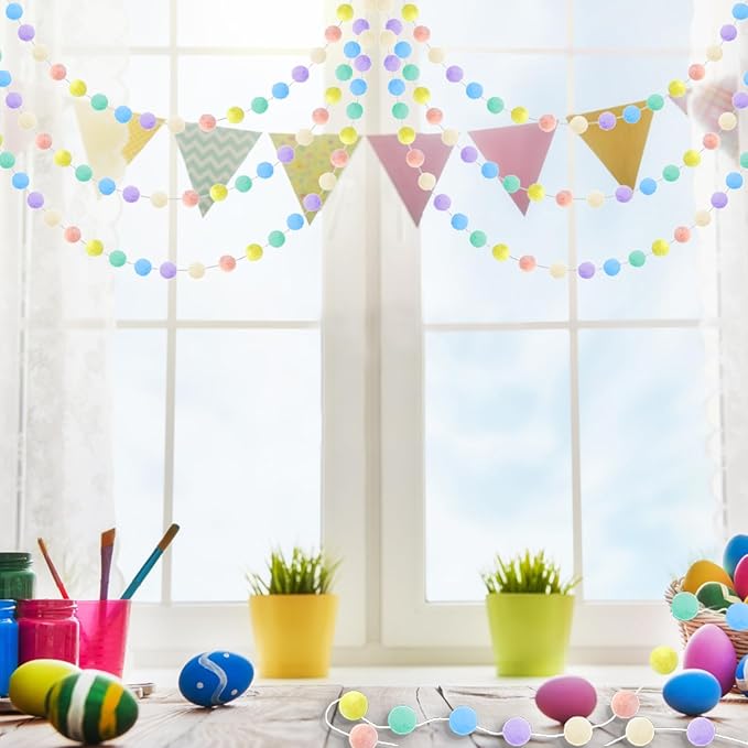 3pk Pastel Pom Pom Garland Easter Decorations Spring Home Decor Indoor Living Room Wall Classroom Xmas Tree, Cute Hanging Rainbow Colorful Felt Ball Garland Baby Shower Wedding Birthday Party Supplies-Ruum Studio Home