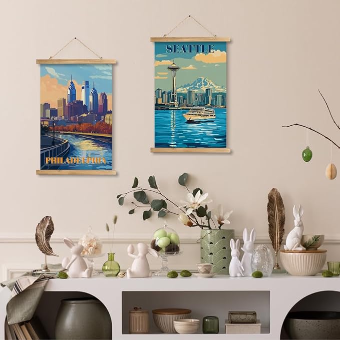 WREVERW Vintage Philadelphia Poster Canvas Print with Wooden Hanger Frame, Featuring Skyline and Schuylkill River, Wall Art for Home and Office Decor, 16x23 inches-Ruum Studio Home