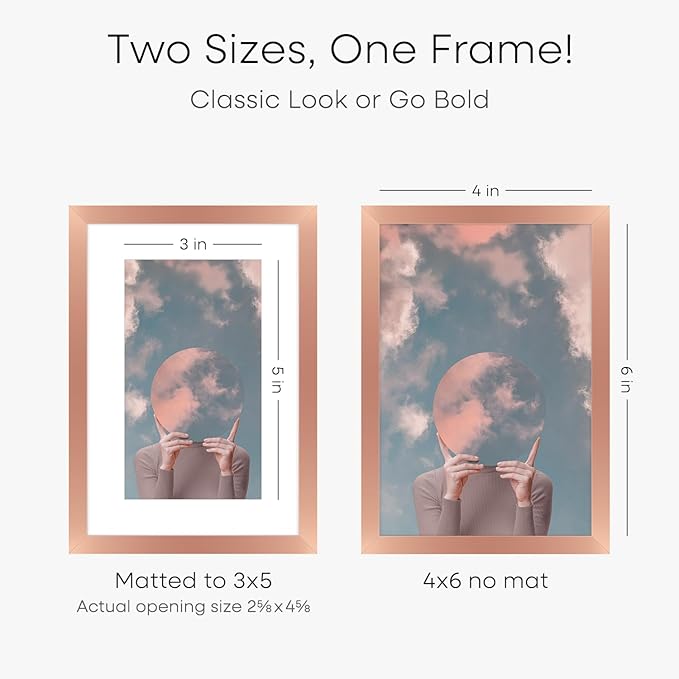 Homeforia Rose Gold 4x6 Picture Frame, High End Metal 4 x 6 Frames with Mat 3 x 5 for Print, 4by6 Desk Frame Matted to 3x5 inch Photo, 4 by 6 Wall or Tabletop Frame, Tempered Glass, Wall Kit, Set of 1-Ruum Studio Home