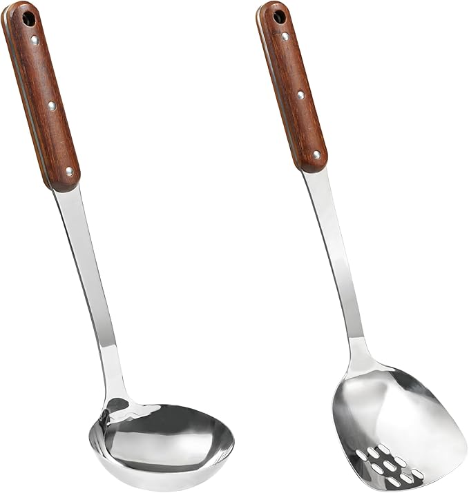 FJNATINH Stainless Steel Wok Spatula and Ladle Tool, Mirror Polished Cooking Utensils Set Metal Wok Accessories with Wooden Handle,Easy to Clean Kitchen Utensils,Sliver-Ruum Studio Home