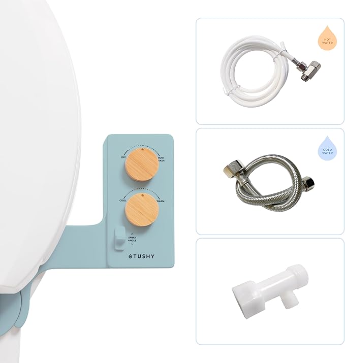 TUSHY Spa Warm Water Bidet Attachment for Toilet. Universal Fit, Easy Install (Requires Sink Access for Optional Temperature Control) Self Cleaning, Adjustable Pressure, Angle Control, Blue/Bamboo-Ruum Studio Home
