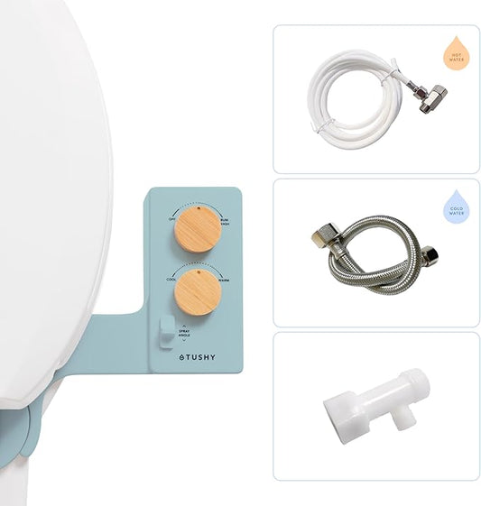 TUSHY Spa Warm Water Bidet Attachment for Toilet. Universal Fit, Easy Install (Requires Sink Access for Optional Temperature Control) Self Cleaning, Adjustable Pressure, Angle Control, Blue/Bamboo-Ruum Studio Home