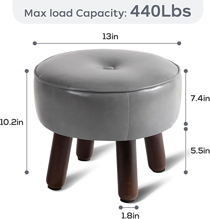 Ottoman, Small Foot Stool, Round Leather Pouf Ottoman, 13''L x 13''W x 10.2''H Foot Rest with Non-Skid Rubber Legs for Living Room Bedroom Couch Entryway, Grey-Ruum Studio Home
