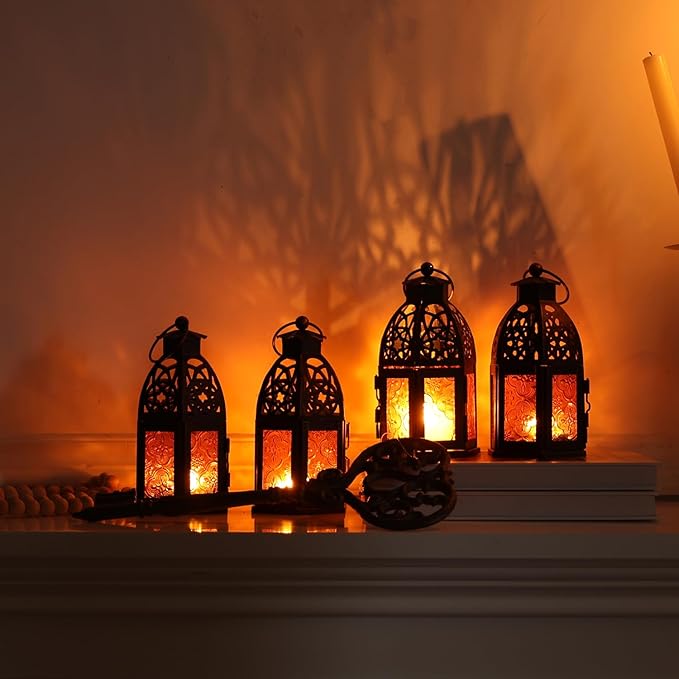 NEEDOMO Set of 4 Moroccan Candle Lantern, 9" Ramadan Lanterns Decorative Indoor Outdoor, Vintage Candle Holder for Chritsmas, Halloween, Table, Patio, Porch, Shelf, Ramadan Decorations (Amber)-Ruum Studio Home