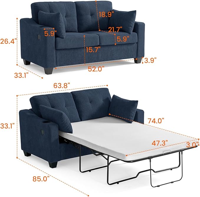 Pull Out Sofa Bed, Full Size Sleeper Sofa, 2-in-1 Convertible Corduroy Couch with USB Charging, Memory Form Couch for Living Room, Apartment and Small Space (Navy Blue, Corduroy - Full Size)-Ruum Studio Home