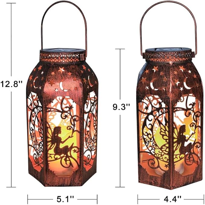 Solar Lanterns Outdoor Garden Hanging Lantern Waterproof LED Metal Bronze Moon Fairy Lantern Waterproof Flickering Flameless Candle Mission Lights for Table,Patio,Mother's Day Gift(2Pack)-Ruum Studio Home