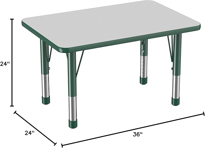 FDP Rectangle Activity School and Classroom Kids Table (24 x 36 inch), Chunky Toddler Leg, Adjustable Height 15-24 inches - Gray Top and Green Edge-Ruum Studio Home