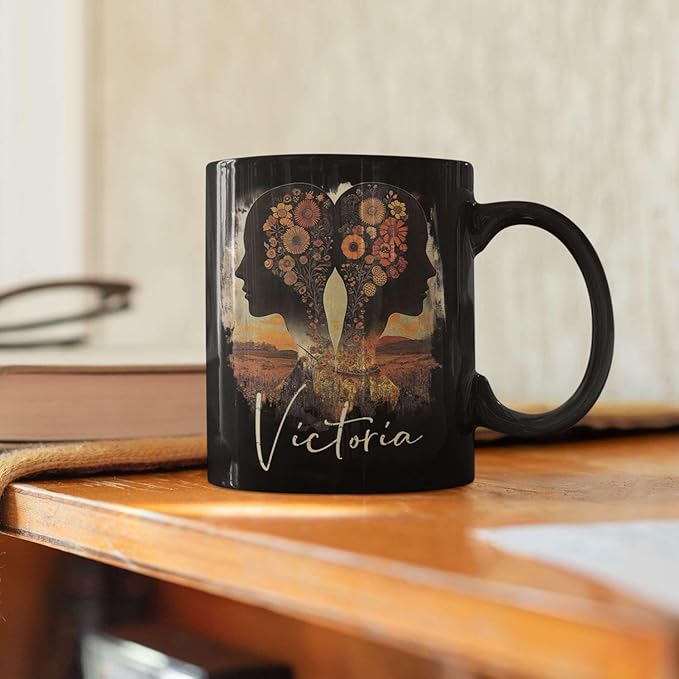 Personalized Autumn Landscape Black Cup, Custom Name Coffee Mug 11oz 15oz, Custom Floral Silhouette Ceramic Cup, Gifts for Women, Zodiac Inspired Coffee Mug, Gifts for Birthday-Ruum Studio Home