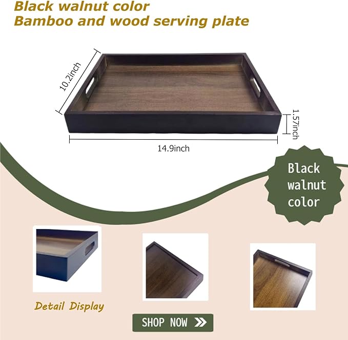 Large Bamboo Wooden Tray with Handles, Rectangular Natural Solid Wood, Black Walnut Color Serving Tray Suitable for Kitchen,Bedroom,Coffee, Party Bars. (14.9x10.2x1.57 inches)-Ruum Studio Home