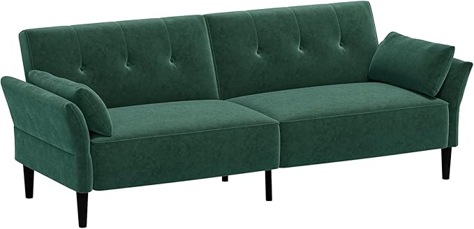 89” Futon Sofa Bed, Velvet Fabric Comfy Futon Couch Bed with 2 Square Pillows, Convertible Sleeper Sofa with Adjustable Backrest& Armrests, Modern Loveseat Sleeper for Living Room, Bedroom-Ruum Studio Home