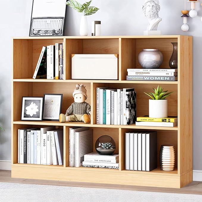 IOTXY Open Shelf Low Bookcase - Wooden 3-Tier Floor Standing Display Cabinet Organizer with Base, 8 Cubes Short Horizontal Bookshelf in Pear Yellow-Ruum Studio Home