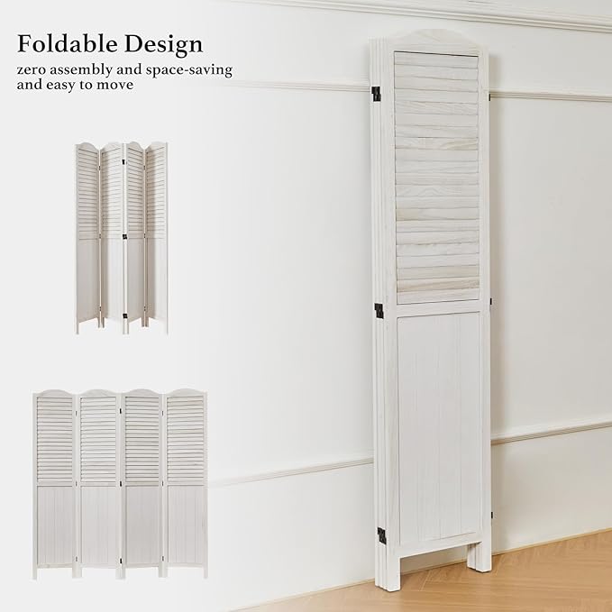 Room Partitions and Dividers, 68.9 Inch Temporary Wall with Double Hinges, Wooden Louver & MDF Stable Screens for Home Office Bedroom Coffeehouse Decoration (4 Panels, White-Washed)-Ruum Studio Home