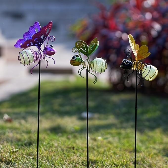 Garden Decor for Outside,3 Pcs Luminous Insect Garden Decorative Stakes,Glow in The Dark Bee Lights Metal Yard Art,Waterproof Outdoor Spring Lawn Patio Pathway Decoration for Mom,Women,Grandma-Ruum Studio Home