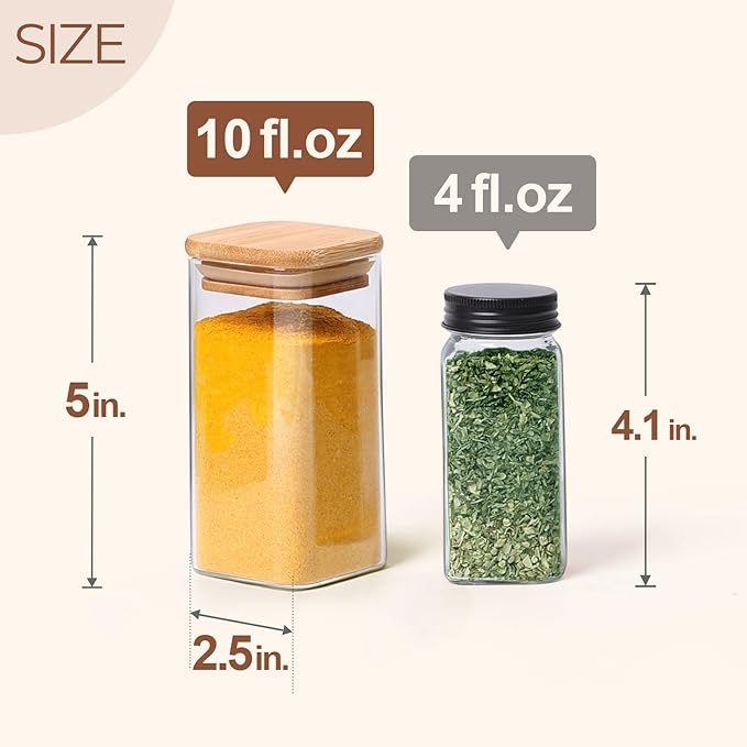 ComSaf 16Pcs Glass Spice Jars with Bamboo Lid, 10oz Airtight Square Containers with 275 Black Lables, Empty Seasoning Jars for Spice Salt Sugar-Ruum Studio Home