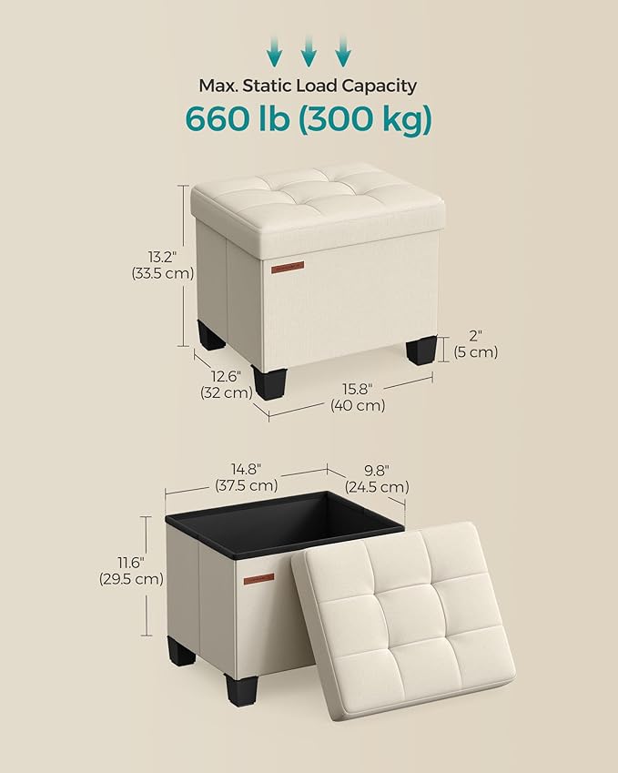 SONGMICS Storage Ottoman, Small Ottoman Foot Rest with Legs, 12.6 x 15.8 x 13.2 Inches Foot Stool, Load up to 660 lb, for Living Room, Bedroom, Dorm, Cream White ULSF012W01-Ruum Studio Home