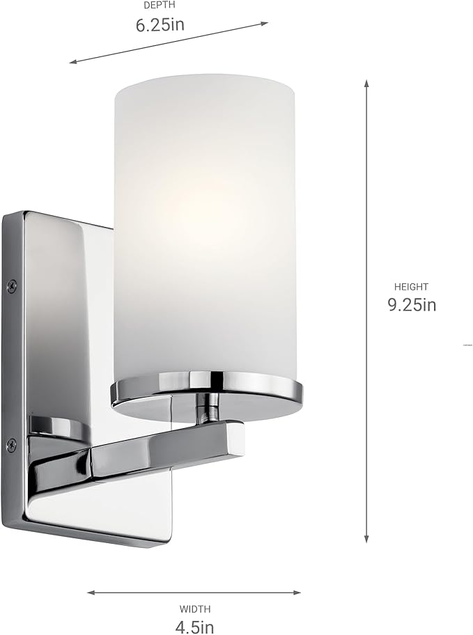Kichler Crosby 9.25" Wall Sconce in Chrome, 1-Light Contemporary Hallway or Bathroom Light with Satin Etched Cased Opal Glass, (9.25" H x 4.5" W), 45495CH-Ruum Studio Home