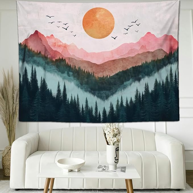 keowhsf Sunset Mountain Forest Tapestry - Large Nature Landscape Wall Hanging, Aesthetic Pine Tree Scenery Wall Art for Bedroom & Living Room Decor-Ruum Studio Home