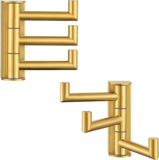 Angle Simple Towel Hooks Swivel, SUS 304 Stainless Steel 3 Arms Foldable Hand Towel Holder, Coat Hooks, Brushed Gold, 2 Pack-Ruum Studio Home