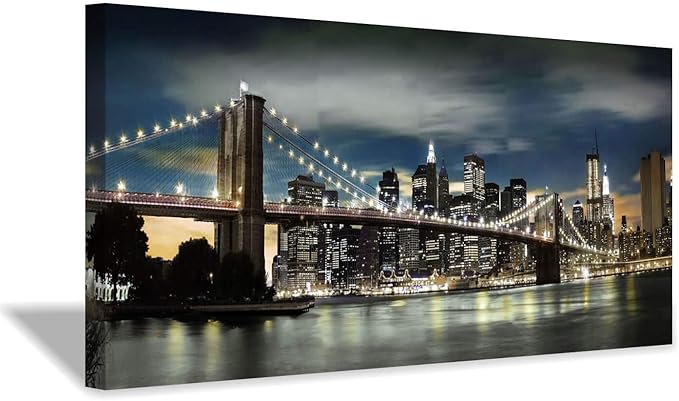 Brooklyn Bridge Canvas Wall Art: Skylines Reflections in New York Artwork for Office Living Rooms(40”x20”)-Ruum Studio Home