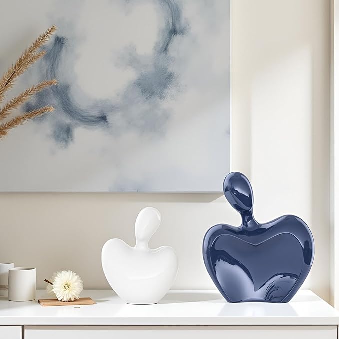 XMGZQ Blue and White Ceramic Couple Figurines Home Decor Accent,Wedding Engagement Romantic Gift for Husband Wife,Large Male and Female Love Statue Valentine's Day Birthday,Abstract Hugging Couple-Ruum Studio Home