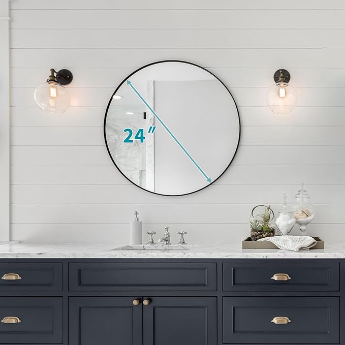 Fabuday Black Round Mirror for Wall 24 inch - Circle Mirror for Bathroom, Entryway, Living Room, Hallway, Vanity Decor, Big Matte Metal Frame Mirror-Ruum Studio Home